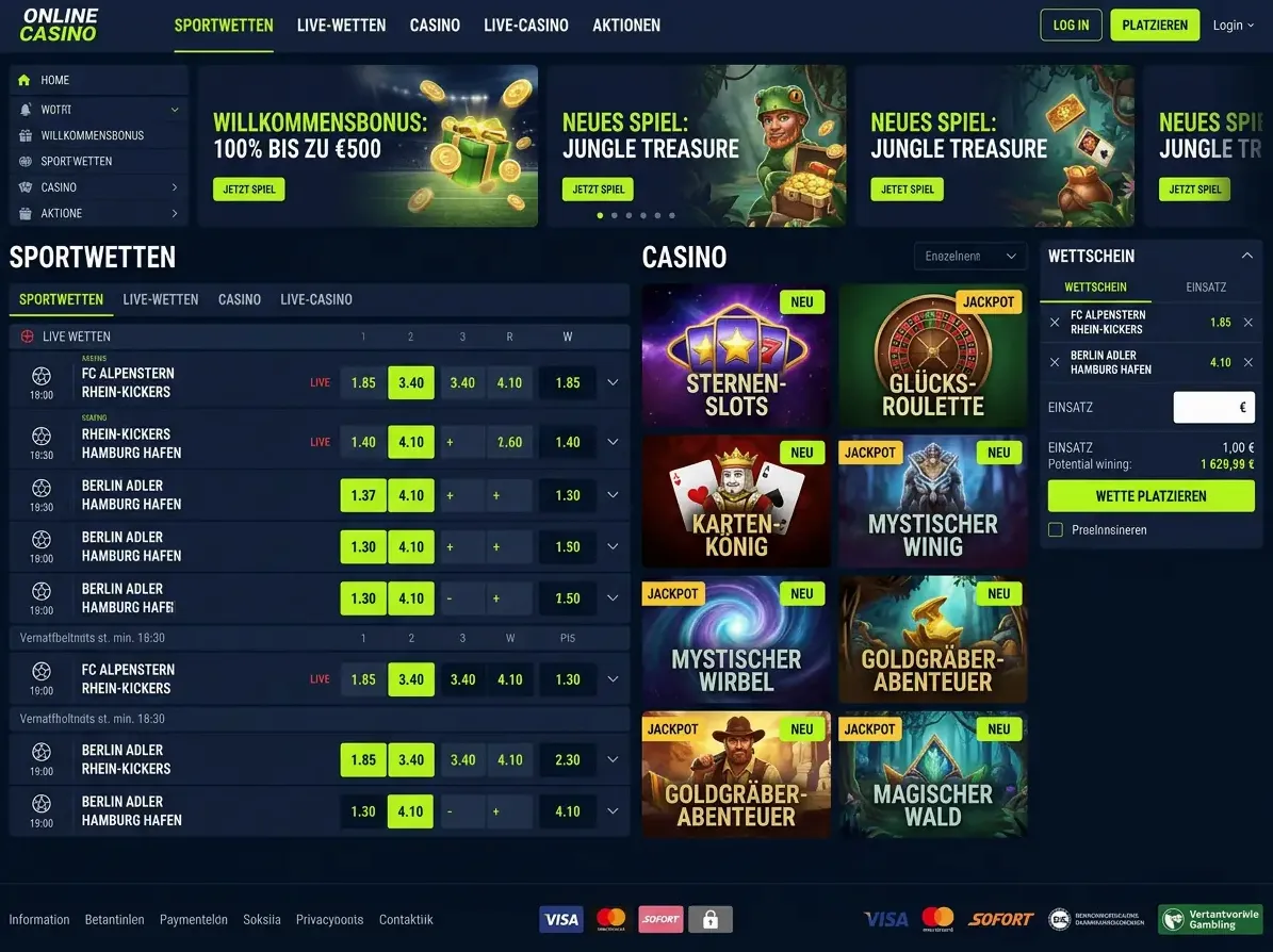 Lobby von Bet365 mit Slots, Live-Casino und Tischspielen